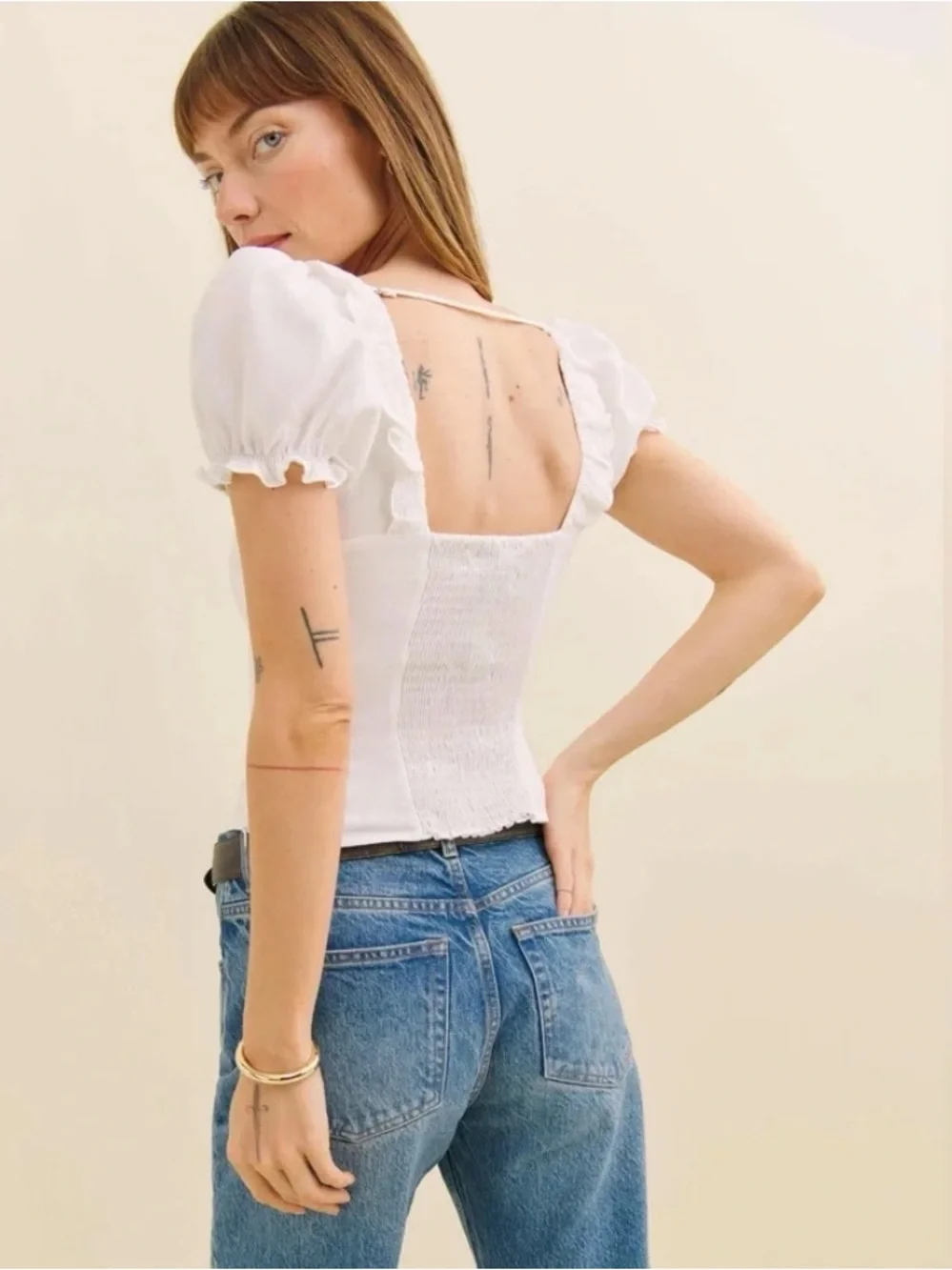 Reformation Alice Embroidered-Linen Top White Puff-Sleeve Square Neck Sz 4 women